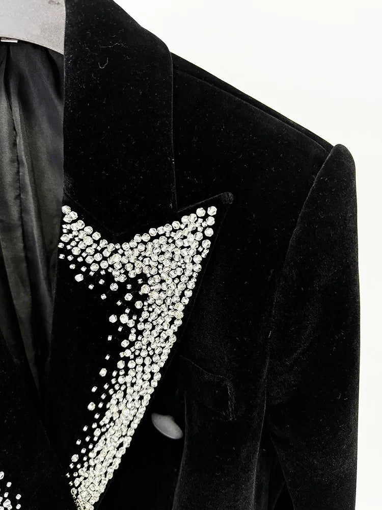 Black Rhinestone Blazer – Elegant Double-Breasted