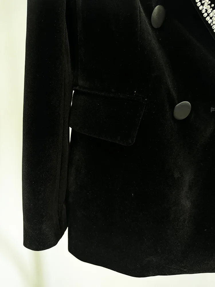 Black Rhinestone Blazer – Elegant Double-Breasted