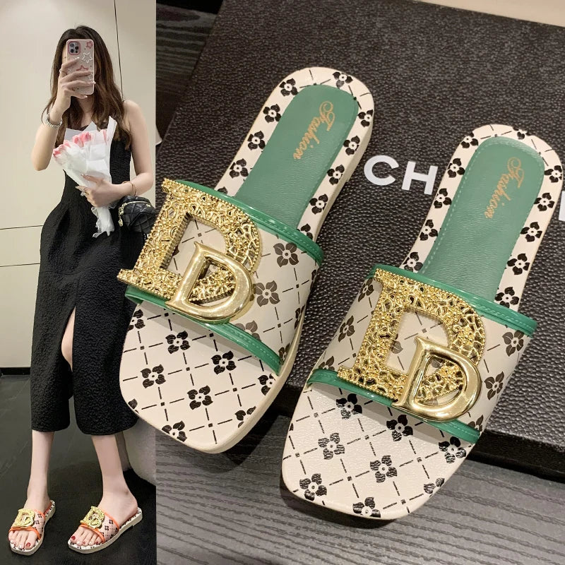 Women’s Flat Sandals – Metal Buckle Design