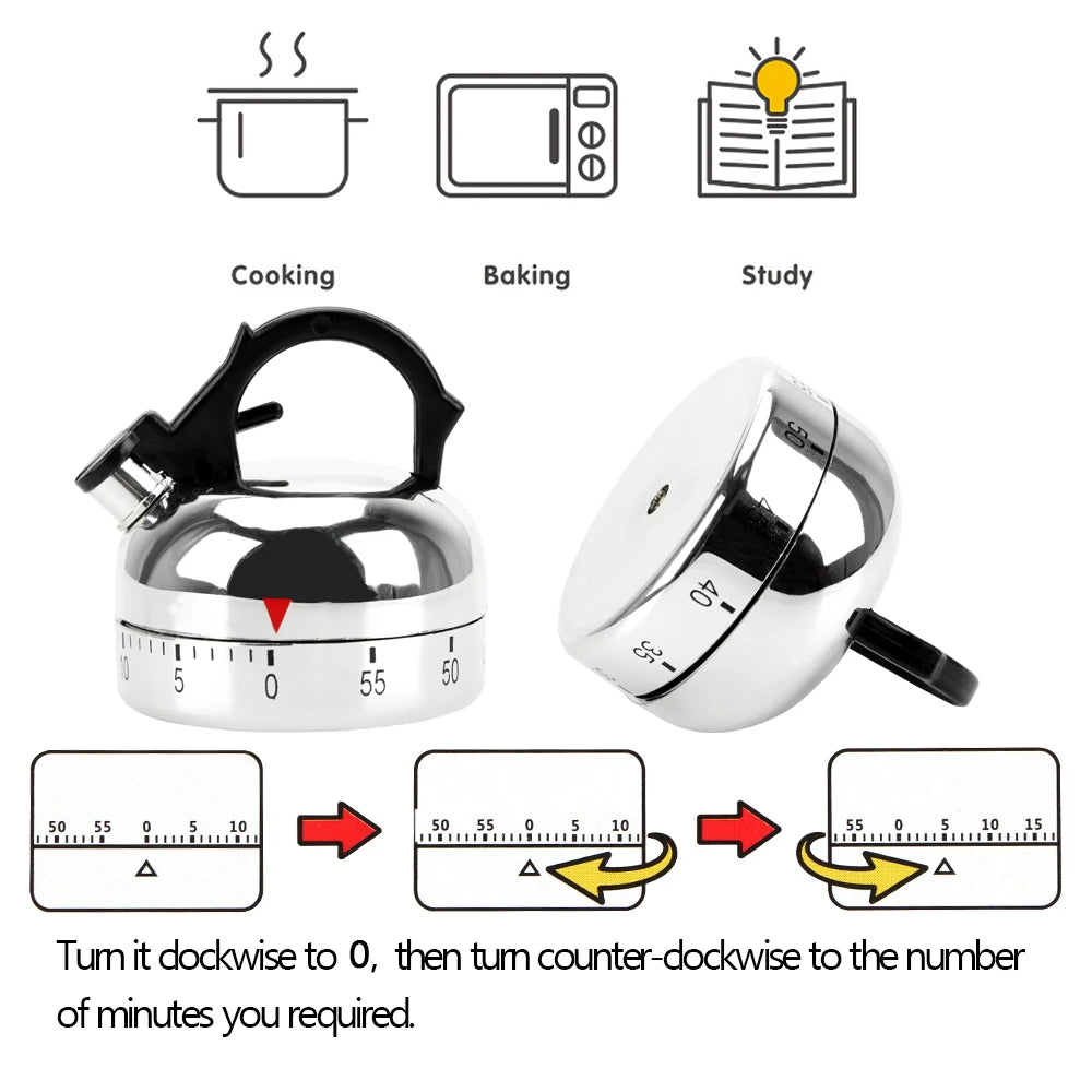 Kitchen Timer – 60-Minute Mechanical Countdown Alarm (Kettle Design)