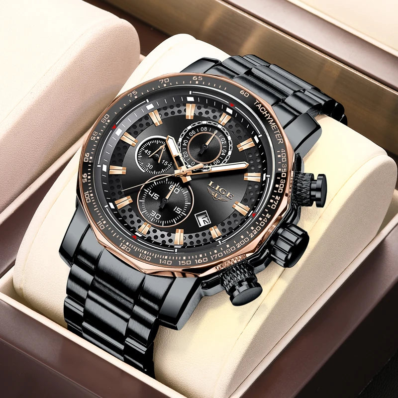 LIGE Men’s Chronograph Watch – Business Style with Luminous Display & Date