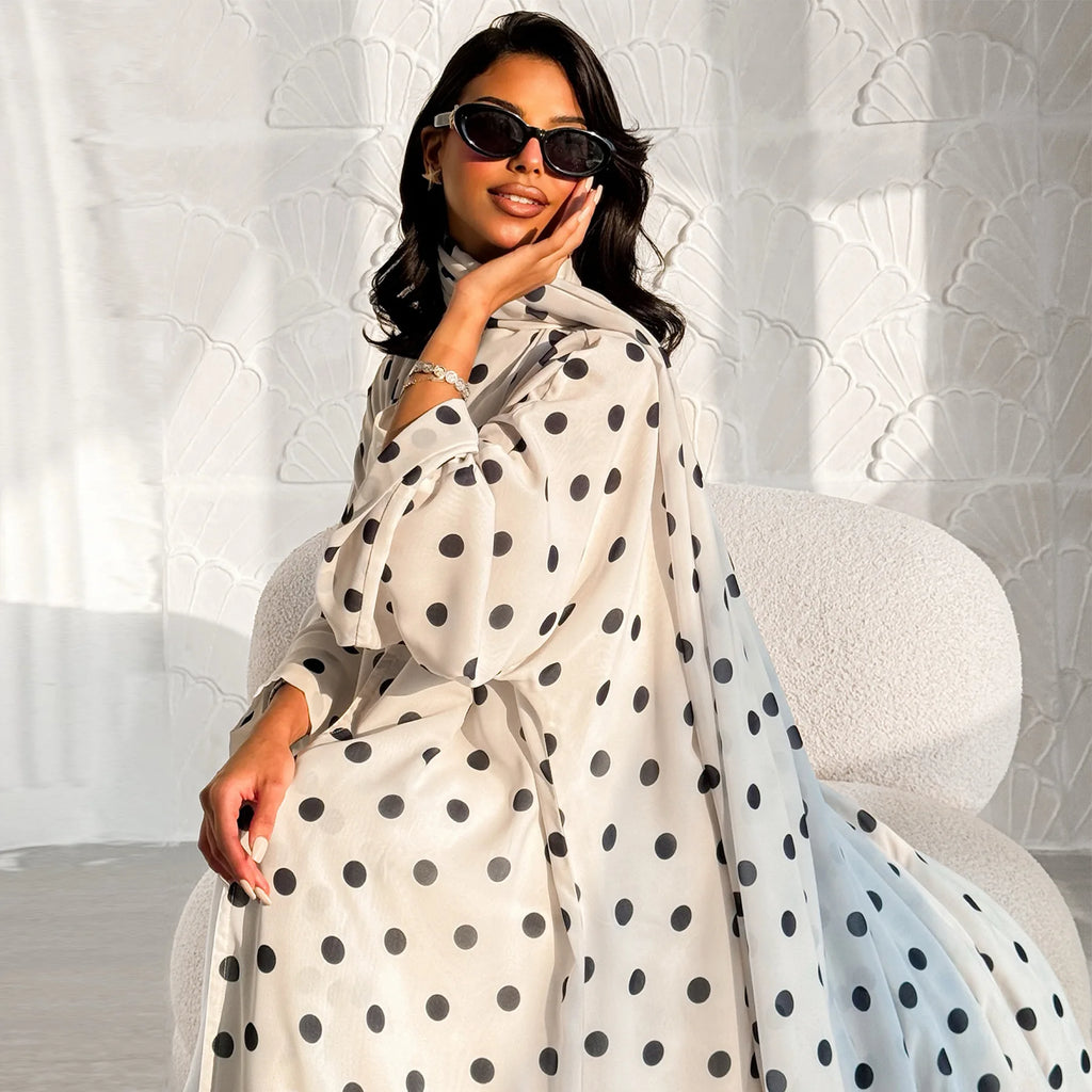 Elegant Abaya Set (2PCS) with Hijab – Polka Dot Design