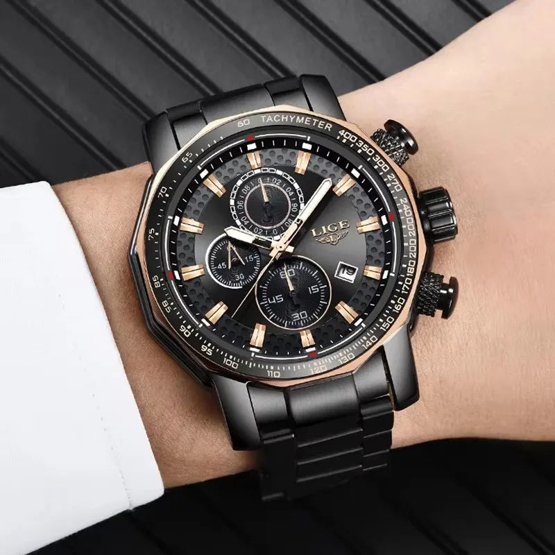 LIGE Men’s Chronograph Watch – Business Style with Luminous Display & Date