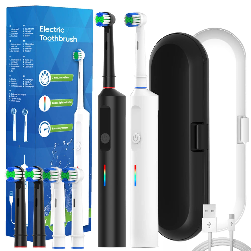 2x Smart Rotary Electric Toothbrush Set, Rechargeable Rotating Toothbrushes Compatible with Oral B Replacement Toothbrush Heads