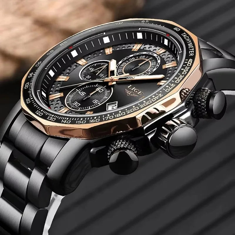 LIGE Men’s Chronograph Watch – Business Style with Luminous Display & Date