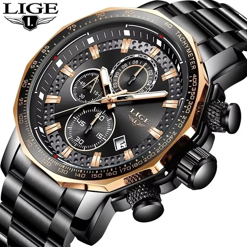 LIGE Men’s Chronograph Watch – Business Style with Luminous Display & Date